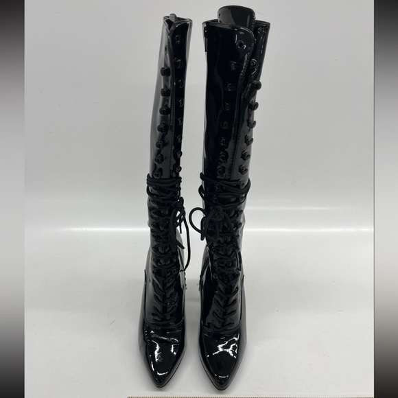 NWOT Devious Domina 2020 Knee High Black Patent Leather Lace-Up Boots  10M - Picture 3 of 7